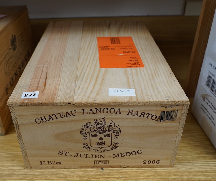 A sealed wood case of twelve bottles of 2006 Chateau Langoa Barton, Saint Julien, in OWC, purchased en primeur from The Wine Society. Condition - good